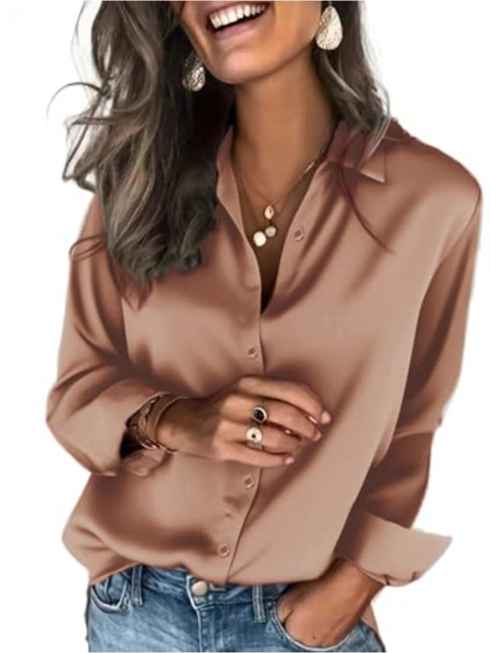 Satin Button Down Blouse Long Sleeve Business Casual Top